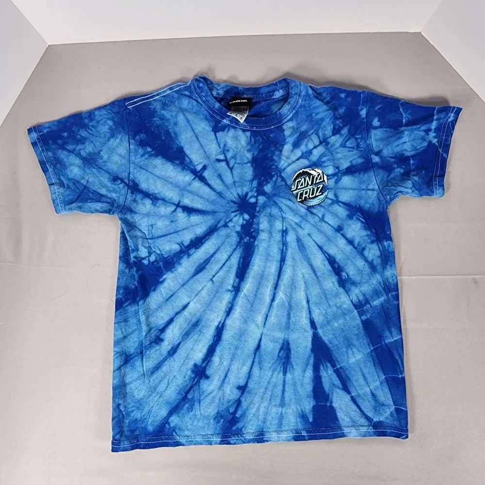 Santa Cruz Skateboards Youth Medium Blue Tie Dye Wave Logo Graphic T-Shirt